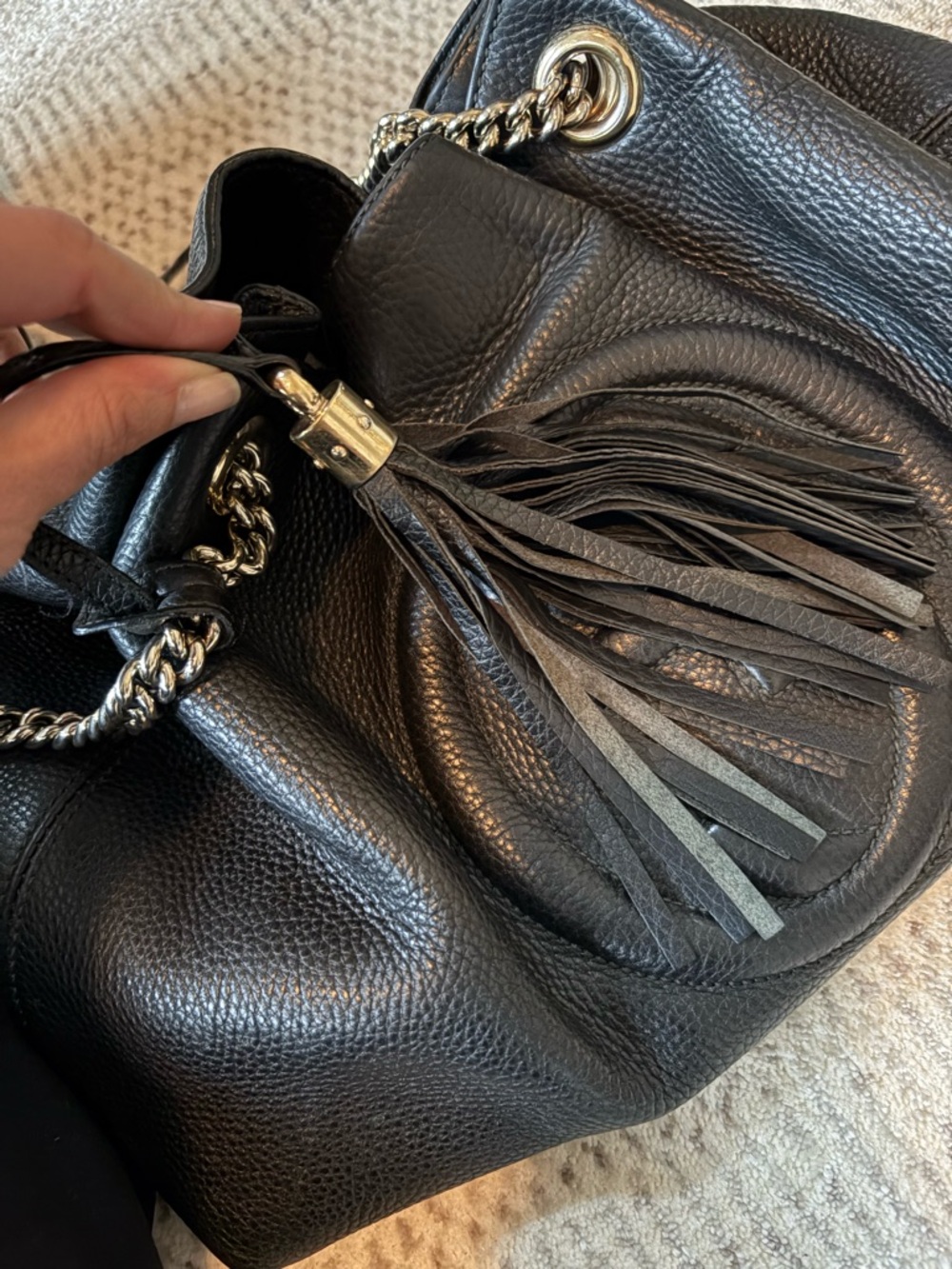 Gucci Black Pebbled Leather Chain-Handle Satchel with Tassel - Picture 10 of 10